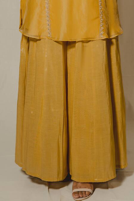 Buy_Shinor_Yellow Silk Organza Hand Embroidery French Knots Kurta Palazzo Set  _Online_at_Aza_Fashions