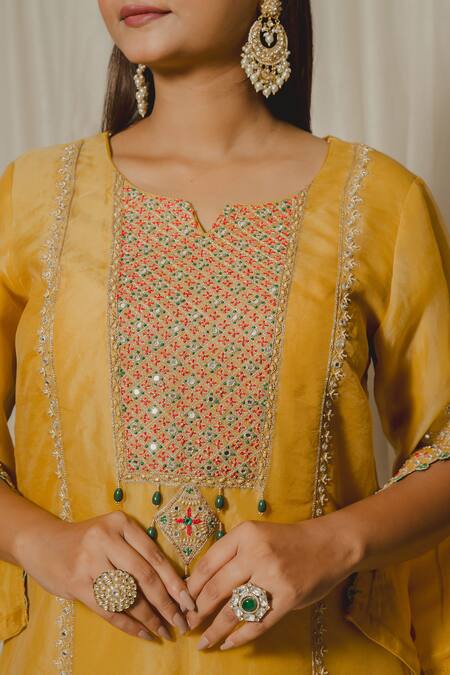 Shop_Shinor_Yellow Silk Organza Hand Embroidery French Knots Kurta Palazzo Set  _Online_at_Aza_Fashions