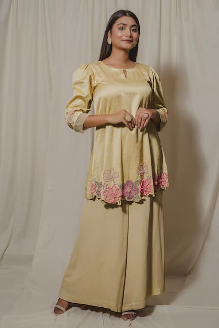 Buy_Shinor_Yellow Kurta Satin Linen Embroidered Pearls U Floral Palazzo Set  _Online_at_Aza_Fashions