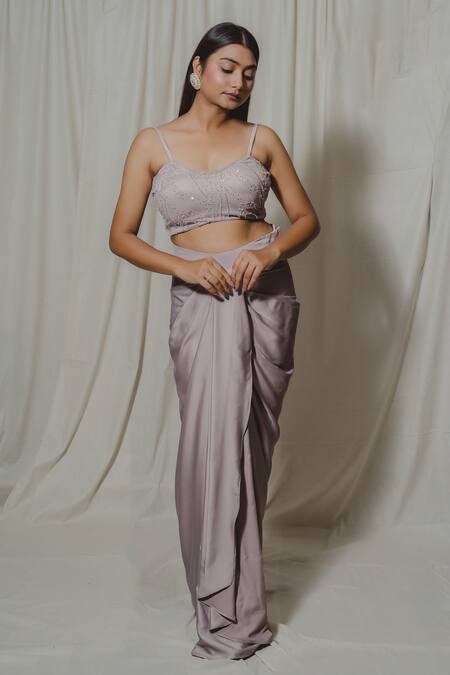 Buy_Shinor_Pink Embroidered Shrug And Draped Skirt Set _Online_at_Aza_Fashions