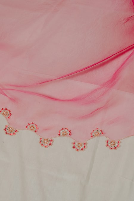 Shinor_Pink Silk Organza Hand Embroidery French Knots Notched Kurta Set _Online_at_Aza_Fashions