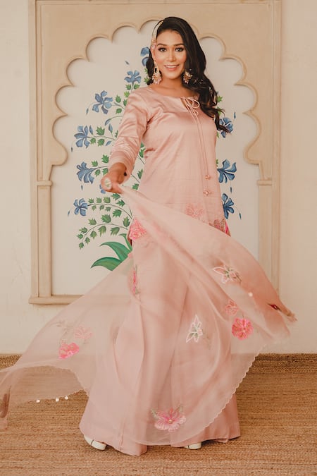 Shinor Embroidered Satin Linen Kurta Palazzo Set 