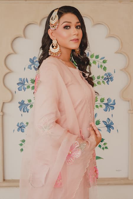 Shinor_Pink Kurta Satin Linen Embroidered Pearls Notched Palazzo Set _Online_at_Aza_Fashions