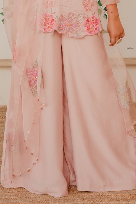 Buy_Shinor_Pink Kurta Satin Linen Embroidered Pearls Notched Palazzo Set _Online_at_Aza_Fashions