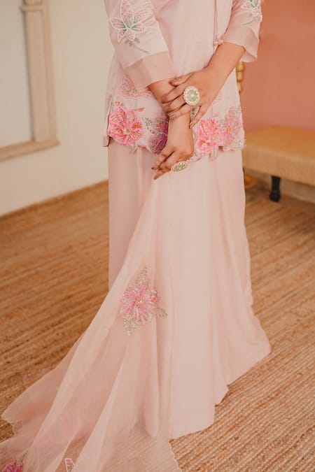 Shop_Shinor_Pink Kurta Satin Linen Embroidered Pearls Notched Palazzo Set _Online_at_Aza_Fashions