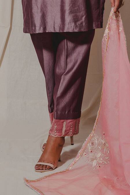 Shinor_Purple Chanderi Hand Embroidery French Knot. Cutdana Kurta Pant Set  _Online_at_Aza_Fashions