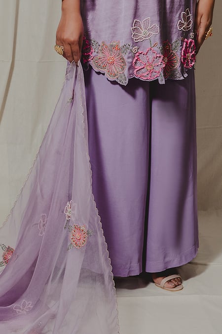 Shinor_Purple Satin, Georgette, Organza Cut Work, Embroidery, Floral Linen Kurta Set _Online_at_Aza_Fashions