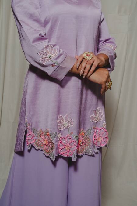 Shop_Shinor_Purple Satin, Georgette, Organza Cut Work, Embroidery, Floral Linen Kurta Set _Online_at_Aza_Fashions
