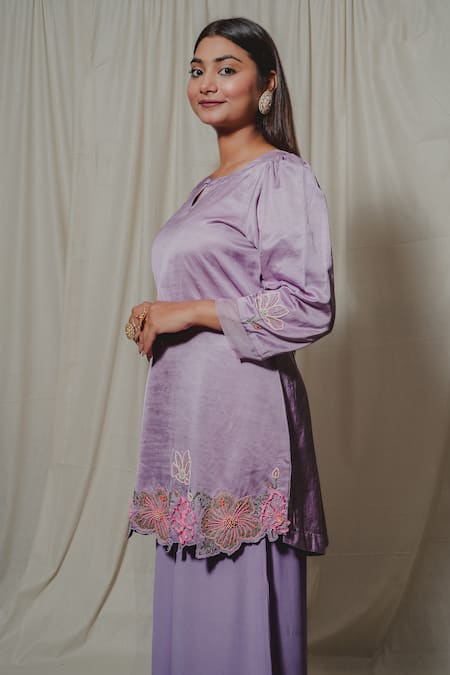 Shinor_Purple Satin, Georgette, Organza Cut Work, Embroidery, Floral Linen Kurta Set _at_Aza_Fashions
