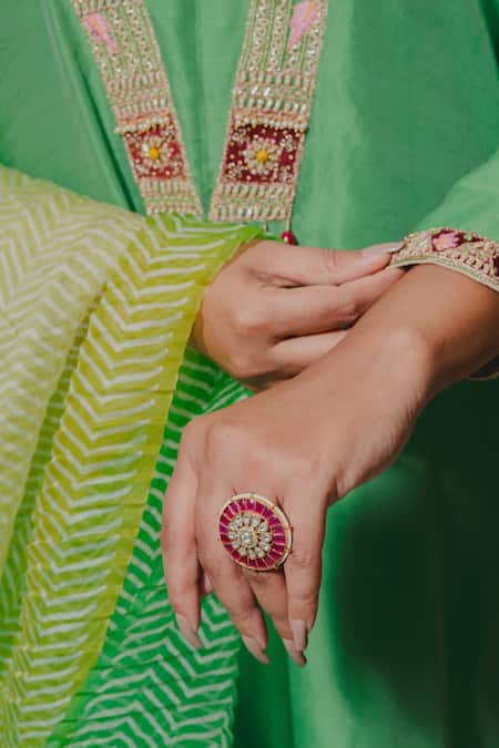 Shinor_Green Chanderi, Organza Pearls, Beads, Cut Work Boat Neck Embroidered Kurta Set _Online_at_Aza_Fashions