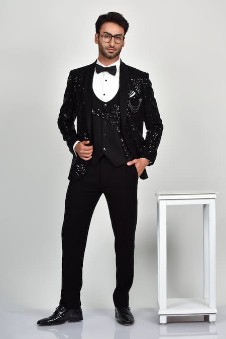 Soniya G_Black Crepe, Handloom Cotton, Terrycloth Sequins, Scattered Tuxedo Set _Online_at_Aza_Fashions