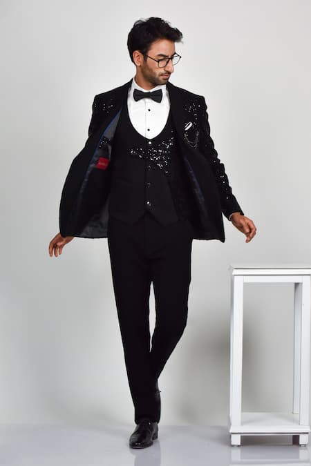 Buy_Soniya G_Black Crepe, Handloom Cotton, Terrycloth Sequins, Scattered Tuxedo Set _Online_at_Aza_Fashions