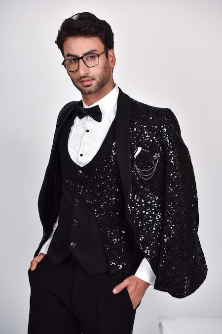 Shop_Soniya G_Black Crepe, Handloom Cotton, Terrycloth Sequins, Scattered Tuxedo Set _Online_at_Aza_Fashions