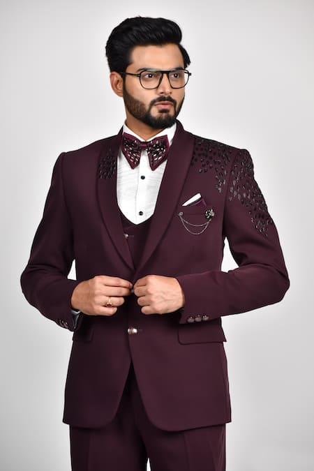 Soniya G Wine Crepe, Handloom Cotton, Terrycloth Cut Work Cutdana Embroidered Tuxedo Set Online at Aza Fashions Soniya G_Wine Crepe, Handloom Cotton, Terrycloth Cut Work Cutdana Embroidered Tuxedo Set _Online_at_Aza_Fashions