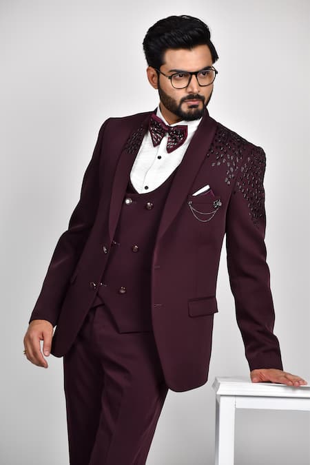 Buy Soniya G Wine Crepe, Handloom Cotton, Terrycloth Cut Work Cutdana Embroidered Tuxedo Set Online at Aza Fashions Buy_Soniya G_Wine Crepe, Handloom Cotton, Terrycloth Cut Work Cutdana Embroidered Tuxedo Set _Online_at_Aza_Fashions