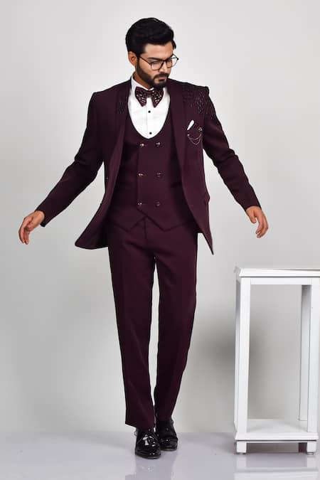 Shop Soniya G Wine Crepe, Handloom Cotton, Terrycloth Cut Work Cutdana Embroidered Tuxedo Set Online at Aza Fashions Shop_Soniya G_Wine Crepe, Handloom Cotton, Terrycloth Cut Work Cutdana Embroidered Tuxedo Set _Online_at_Aza_Fashions