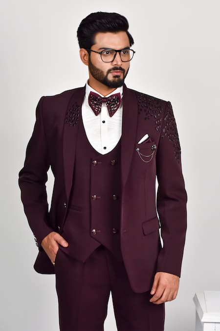 Soniya G Wine Crepe, Handloom Cotton, Terrycloth Cut Work Cutdana Embroidered Tuxedo Set at Aza Fashions Soniya G_Wine Crepe, Handloom Cotton, Terrycloth Cut Work Cutdana Embroidered Tuxedo Set _at_Aza_Fashions