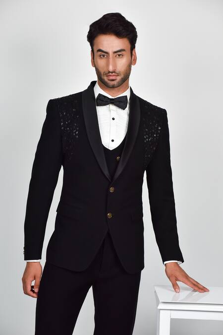 Soniya G_Black Crepe, Handloom Cotton, Terrycloth Cut Work Cutdana Embroidered Tuxedo Set _Online_at_Aza_Fashions