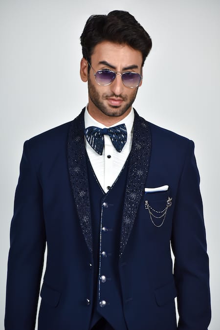 Shop_Soniya G_Blue Crepe, Handloom Cotton, Terrycloth Embroidery, Cut Placket Tuxedo Set_Online_at_Aza_Fashions