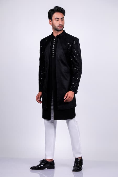 Soniya G Black Crepe Hand Embroidered And Embossed Thread & Panelled Sherwani Set 