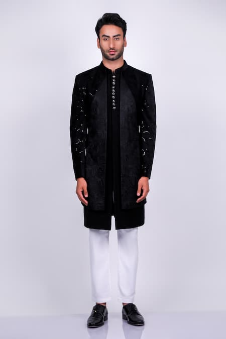 Buy Soniya G Black Crepe, Handloom Cotton, Terrycloth Embossed And Panelled Sherwani Set Online at Aza Fashions Buy_Soniya G_Black Crepe, Handloom Cotton, Terrycloth Embossed And Panelled Sherwani Set _Online_at_Aza_Fashions