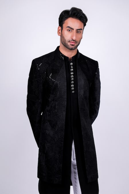 Shop Soniya G Black Crepe, Handloom Cotton, Terrycloth Embossed And Panelled Sherwani Set Online at Aza Fashions Shop_Soniya G_Black Crepe, Handloom Cotton, Terrycloth Embossed And Panelled Sherwani Set _Online_at_Aza_Fashions