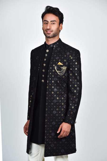 Soniya G_Navy Crepe, Rayon Embroidery, Sequins Blue Sherwani Set _Online_at_Aza_Fashions