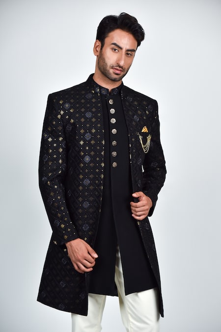Buy_Soniya G_Navy Crepe, Rayon Embroidery, Sequins Blue Sherwani Set _Online_at_Aza_Fashions
