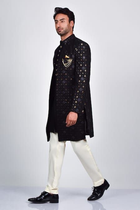 Soniya G_Navy Crepe, Rayon Embroidery, Sequins Blue Sherwani Set _at_Aza_Fashions