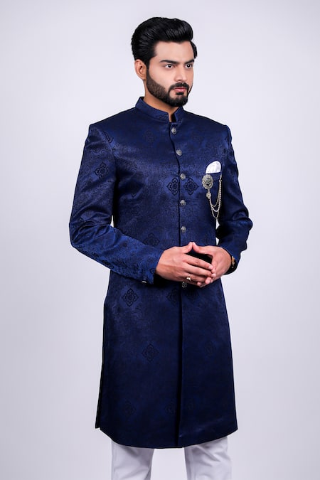 Soniya G_Blue Silk, Crepe Brooches Vintage Pattern Woven Sherwani Set _Online_at_Aza_Fashions