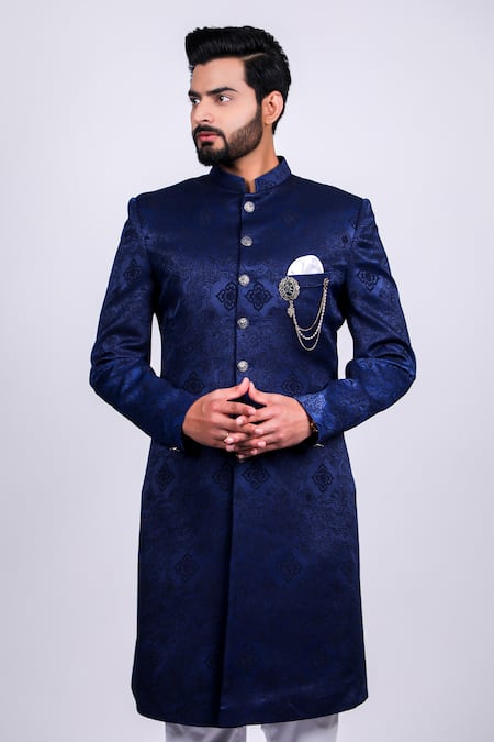 Shop_Soniya G_Blue Silk, Crepe Brooches Vintage Pattern Woven Sherwani Set _Online_at_Aza_Fashions