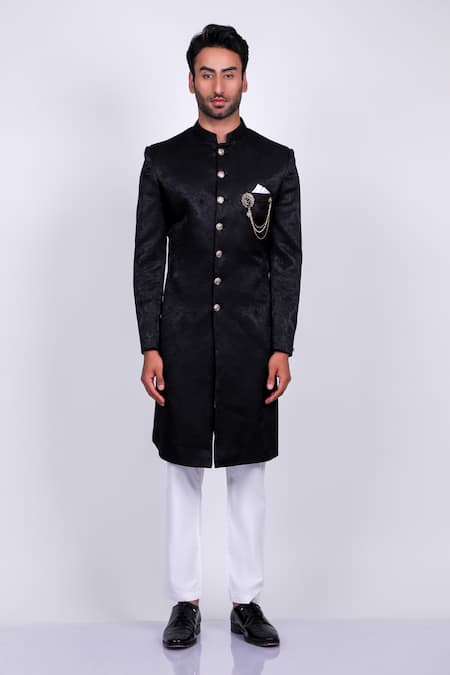 Buy_Soniya G_Black Crepe, Handloom Cotton Metallic Thread Woven Vintage Pattern Sherwani Set _Online_at_Aza_Fashions