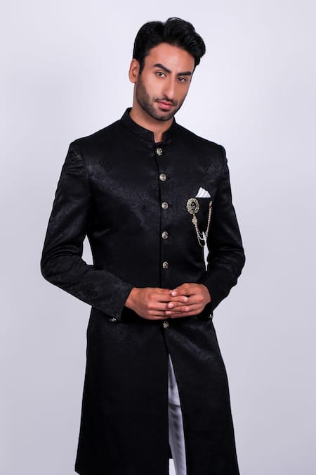Shop_Soniya G_Black Crepe, Handloom Cotton Metallic Thread Woven Vintage Pattern Sherwani Set _Online_at_Aza_Fashions