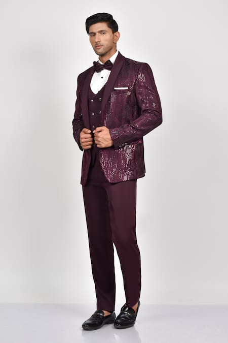 Soniya G Wine Crepe Embroidered Sequin Tuxedo Pant Set 