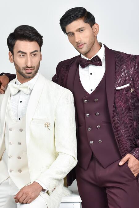 Soniya G_Wine Crepe, Handloom Cotton, Terrycloth, Silk Embroidered Tuxedo Pant Set _Online_at_Aza_Fashions