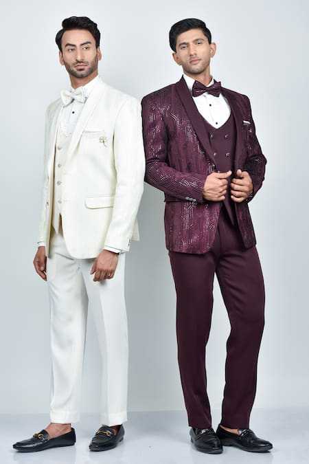 Buy_Soniya G_Wine Crepe, Handloom Cotton, Terrycloth, Silk Embroidered Tuxedo Pant Set _Online_at_Aza_Fashions