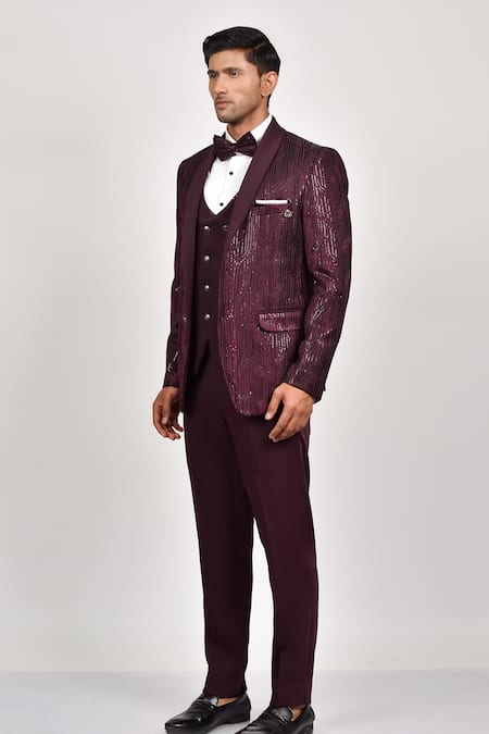 Shop_Soniya G_Wine Crepe, Handloom Cotton, Terrycloth, Silk Embroidered Tuxedo Pant Set _Online_at_Aza_Fashions