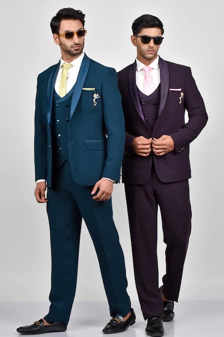 Soniya G_White Crepe, Handloom Cotton, Terrycloth, Cotton, Wine Shawl Collar Tuxedo Set_Online_at_Aza_Fashions