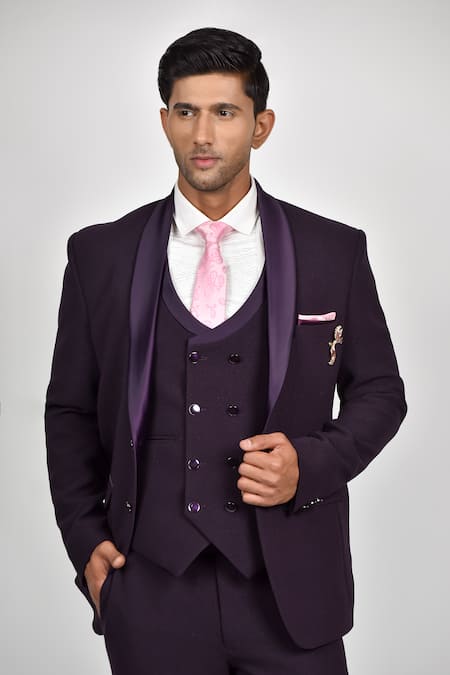 Buy_Soniya G_White Crepe, Handloom Cotton, Terrycloth, Cotton, Wine Shawl Collar Tuxedo Set_Online_at_Aza_Fashions