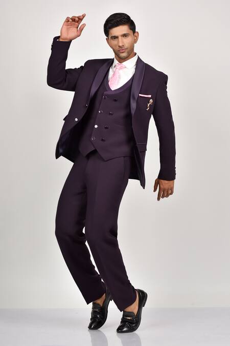 Soniya G_White Crepe, Handloom Cotton, Terrycloth, Cotton, Wine Shawl Collar Tuxedo Set_at_Aza_Fashions