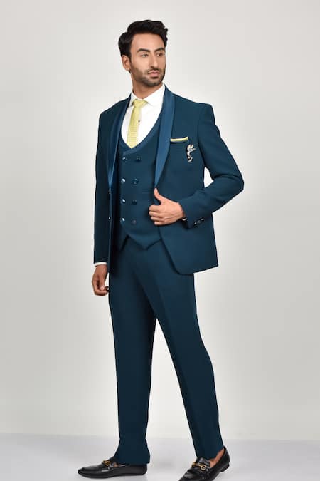 Soniya G_Blue Crepe, Handloom Cotton, Terrycloth, Cotton, Navy Shawl Collar Tuxedo Set_Online_at_Aza_Fashions