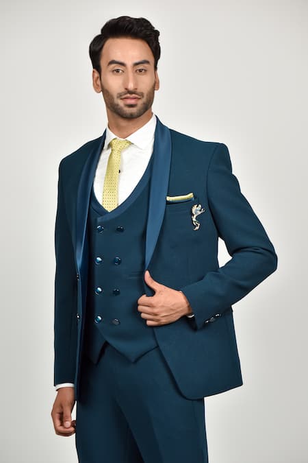 Buy_Soniya G_Blue Crepe, Handloom Cotton, Terrycloth, Cotton, Navy Shawl Collar Tuxedo Set_Online_at_Aza_Fashions