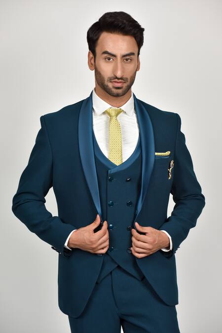 Shop_Soniya G_Blue Crepe, Handloom Cotton, Terrycloth, Cotton, Navy Shawl Collar Tuxedo Set_Online_at_Aza_Fashions