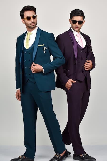 Soniya G_Blue Crepe, Handloom Cotton, Terrycloth, Cotton, Navy Shawl Collar Tuxedo Set_at_Aza_Fashions