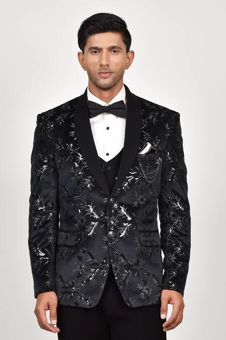 Soniya G_Black Crepe, Handloom Cotton, Terrycloth Embroidered Tuxedo Waistcoat Set _Online_at_Aza_Fashions