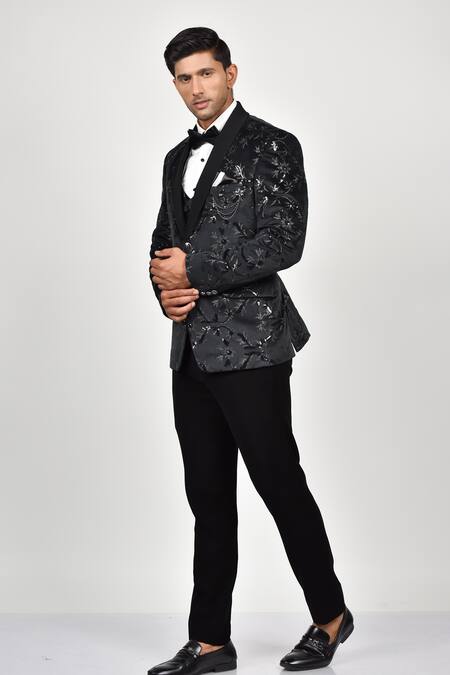 Buy_Soniya G_Black Crepe, Handloom Cotton, Terrycloth Embroidered Tuxedo Waistcoat Set _Online_at_Aza_Fashions