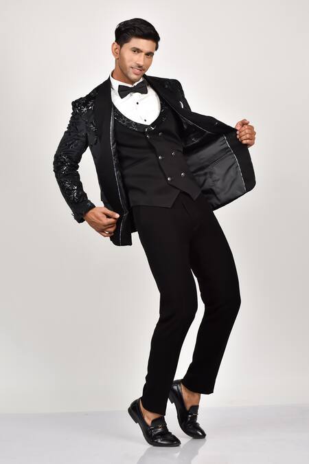Shop_Soniya G_Black Crepe, Handloom Cotton, Terrycloth Embroidered Tuxedo Waistcoat Set _Online_at_Aza_Fashions