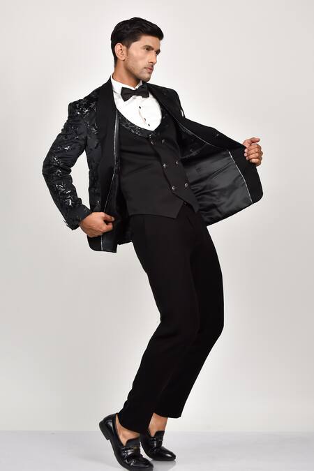 Soniya G_Black Crepe, Handloom Cotton, Terrycloth Embroidered Tuxedo Waistcoat Set _at_Aza_Fashions