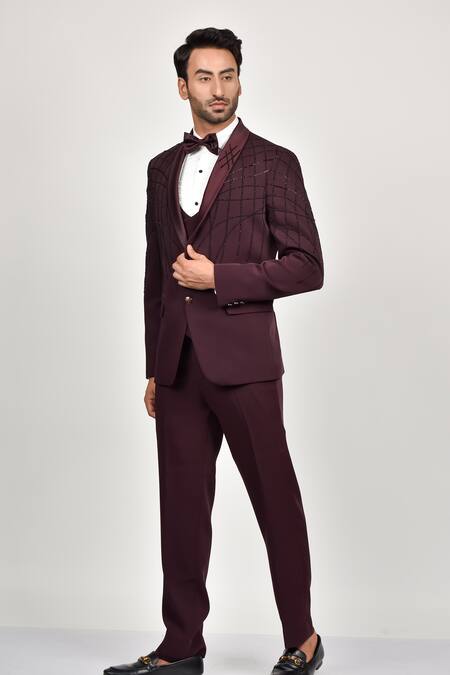 Soniya G Wine Crepe Embroidered Bead Tuxedo Waistcoat Set 