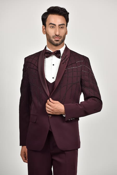Soniya G_Wine Crepe, Handloom Cotton, Terrycloth Beads Embroidered Tuxedo Waistcoat Set _Online_at_Aza_Fashions